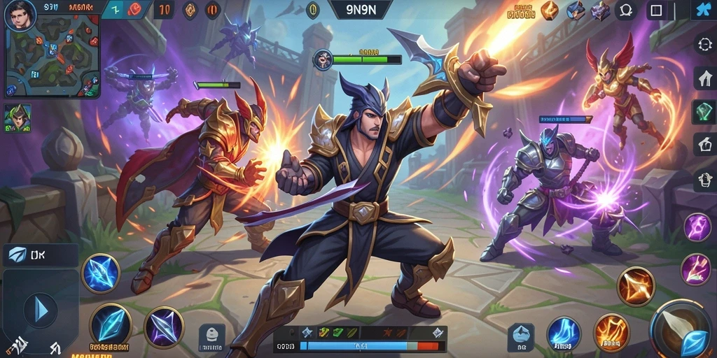 Tampilan gameplay seru di arena MOBA 9N9N.