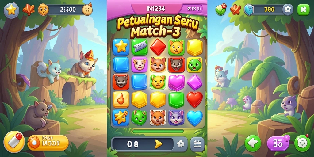 Tampilan permainan Match-3 yang menarik dan penuh warna.