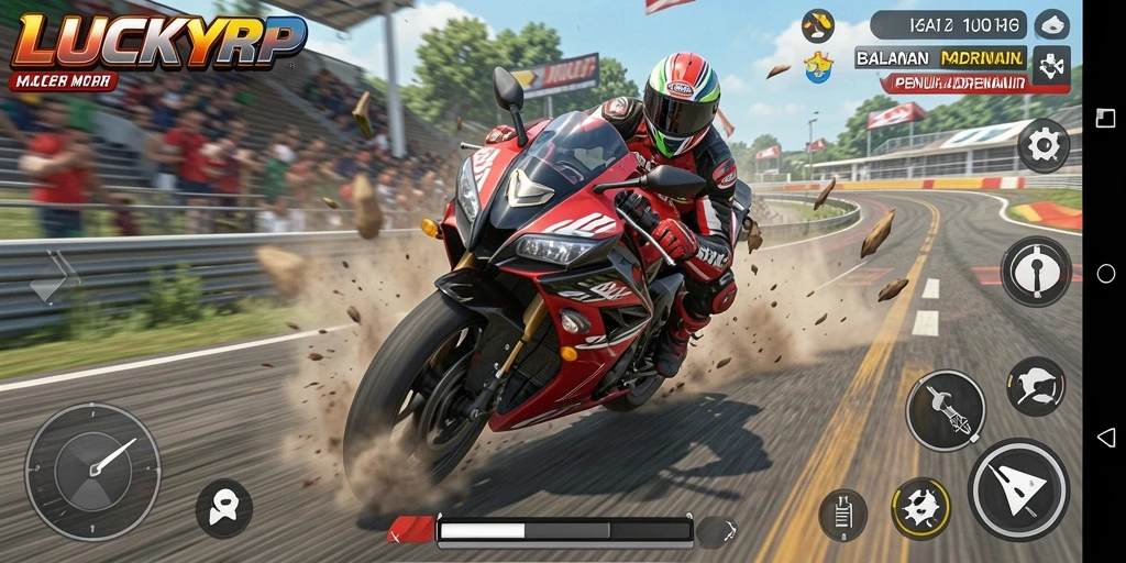 Screenshot gameplay LUCKYRP menampilkan balapan motor yang mendebarkan.
