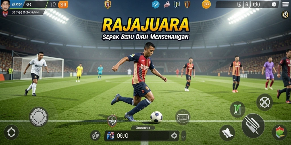 Screenshot gameplay RAJAJUARA dengan pertandingan sepak bola yang seru.