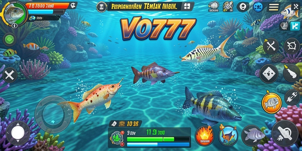 Screenshot gameplay VO777 dengan ikan berwarna-warni yang menunggu untuk ditembak.